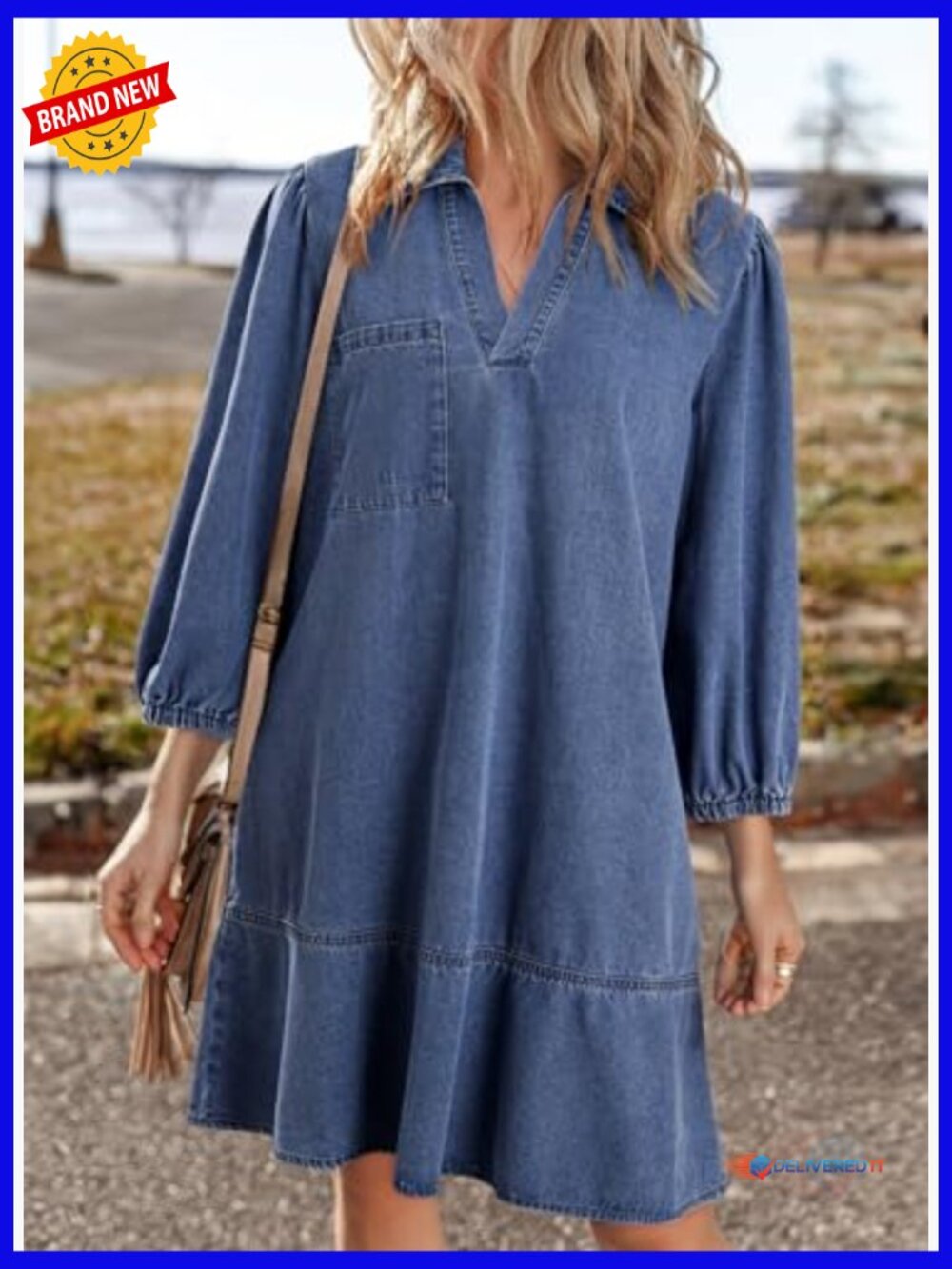 V Neck 3/4 Puff Sleeve Babydoll Denim Dress - Picture 3 of 7
